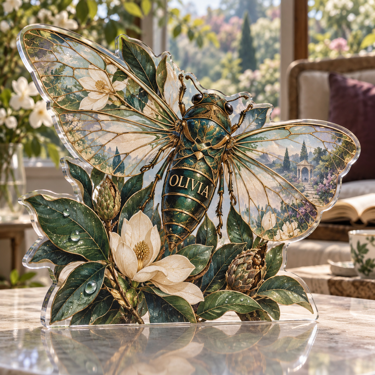 Artwork visualization: Cicada summer garden — quiet corner decoration, personalized OLIVIA, subject-shaped acrylic with printed optical 3D depth; not carved relief.