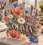 Artwork visualization: Wildflower desk garden — creative studio gift, personalized OLIVIA, subject-shaped acrylic with printed optical 3D depth; not carved relief.