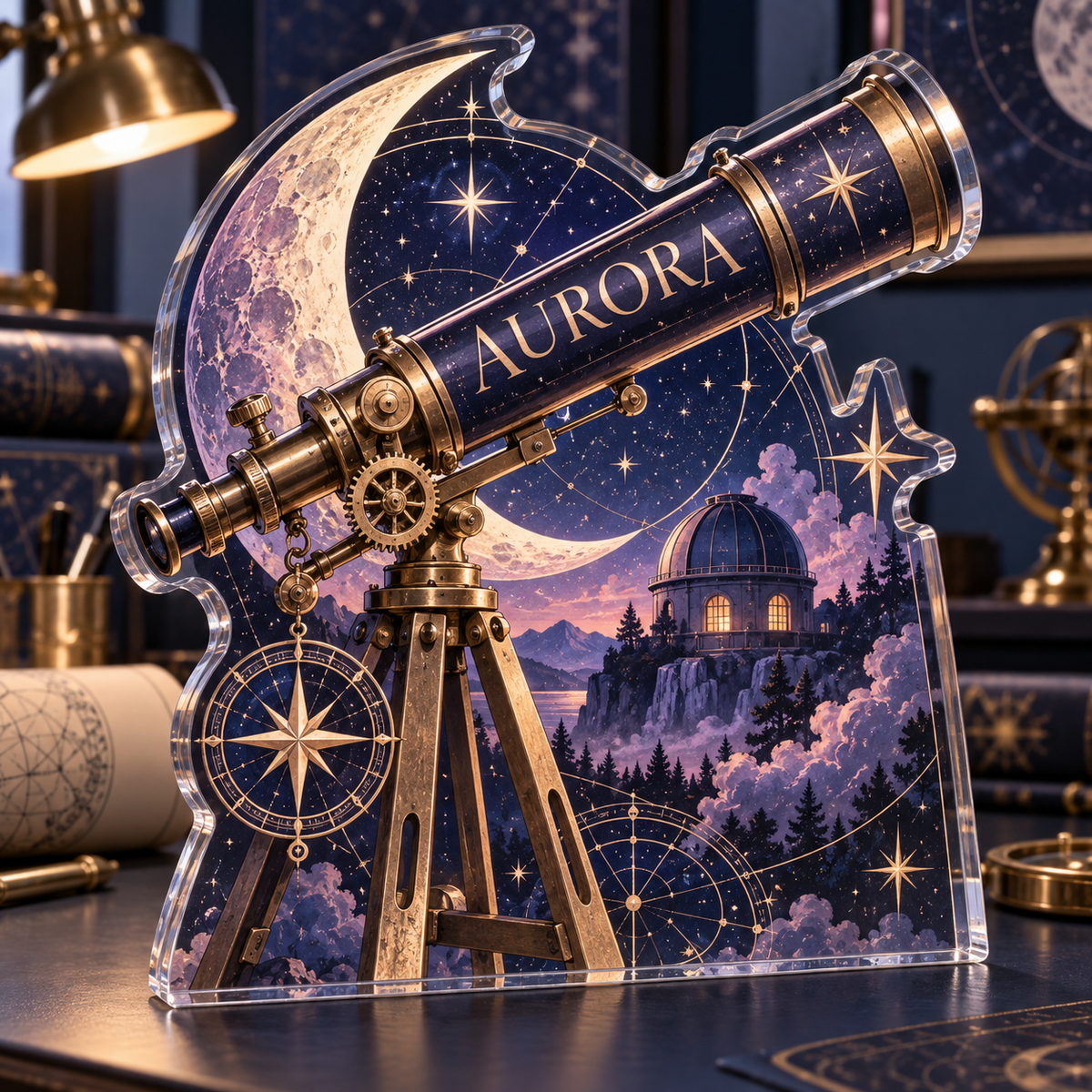 Artwork visualization: Celestial desk observatory — creative studio gift, personalized AURORA, subject-shaped acrylic with printed optical 3D depth; not carved relief.