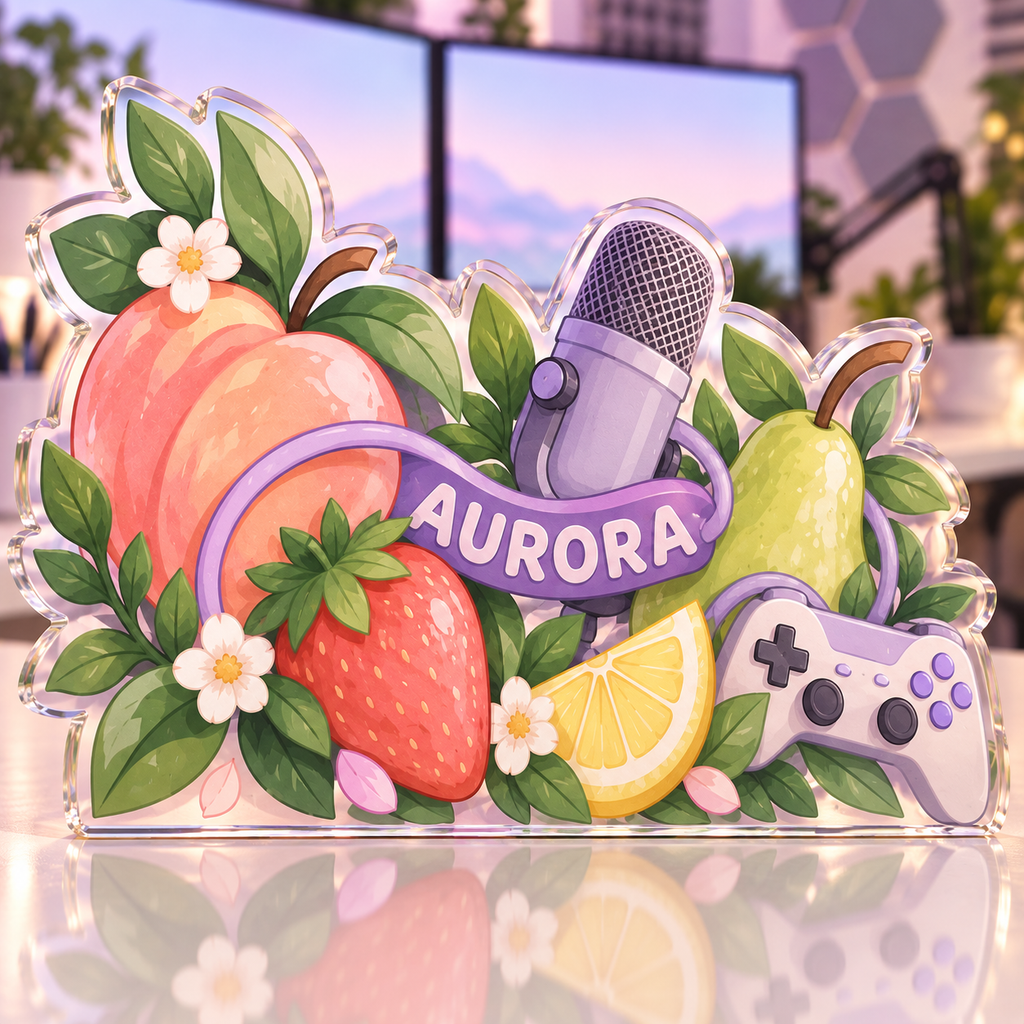 Artwork visualization: Pastel fruit desk — streaming backdrop, personalized AURORA, subject-shaped acrylic with printed optical 3D depth; not carved relief.