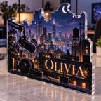Artwork visualization: Night city window — streaming backdrop, personalized OLIVIA, subject-shaped acrylic with printed optical 3D depth; not carved relief.