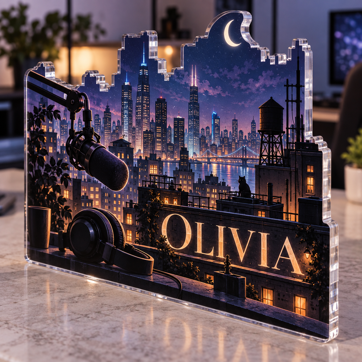 Artwork visualization: Night city window — streaming backdrop, personalized OLIVIA, subject-shaped acrylic with printed optical 3D depth; not carved relief.