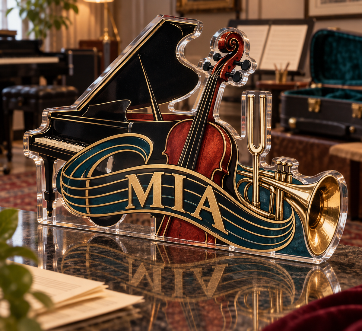 Artwork visualization: Music teacher studio — mentor appreciation, personalized MIA, subject-shaped acrylic with printed optical 3D depth; not carved relief.