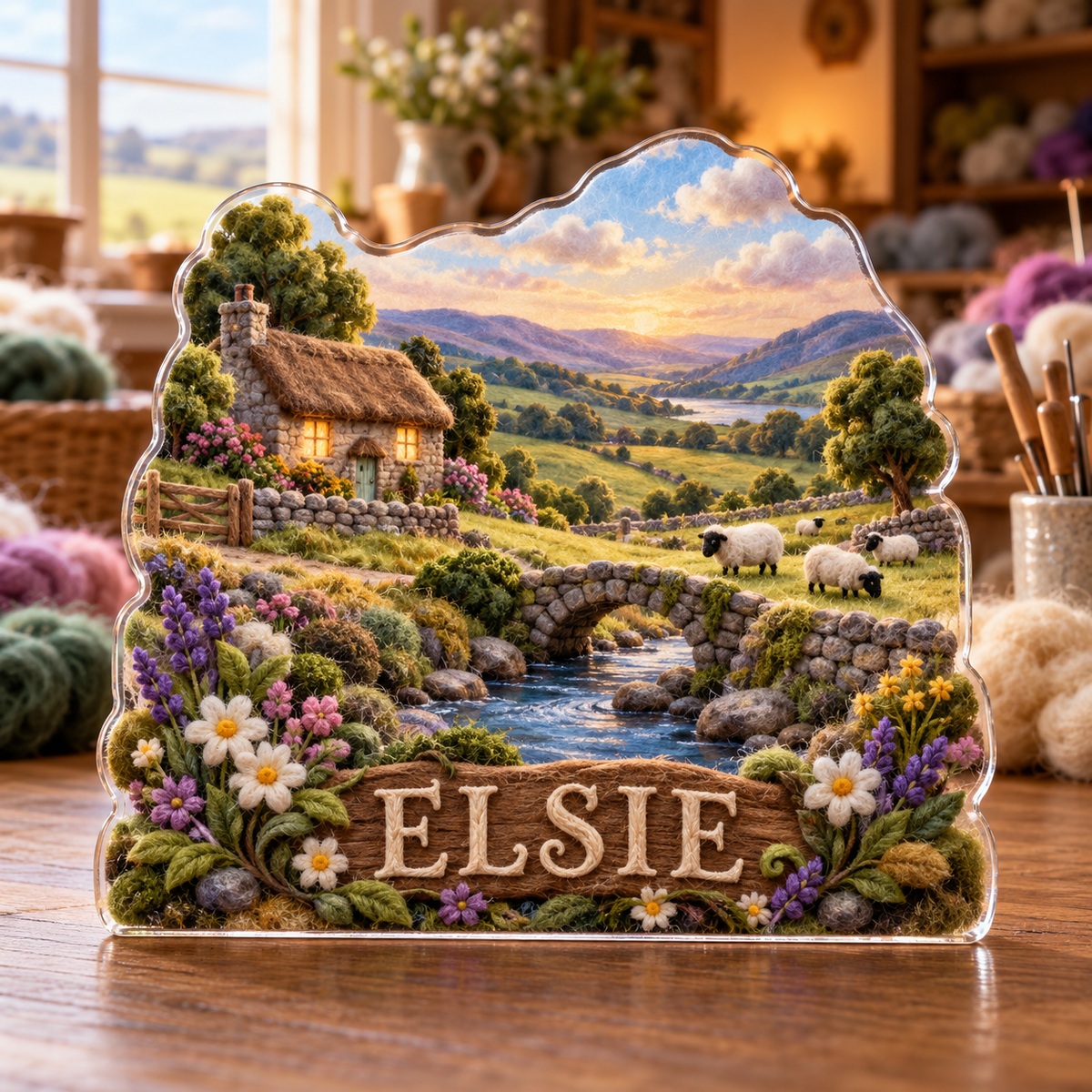 Front view of personalized wool landscape diorama craft studio acrylic plaque with sample name ELSIE, displayed in a softly blurred wool landscape craft room