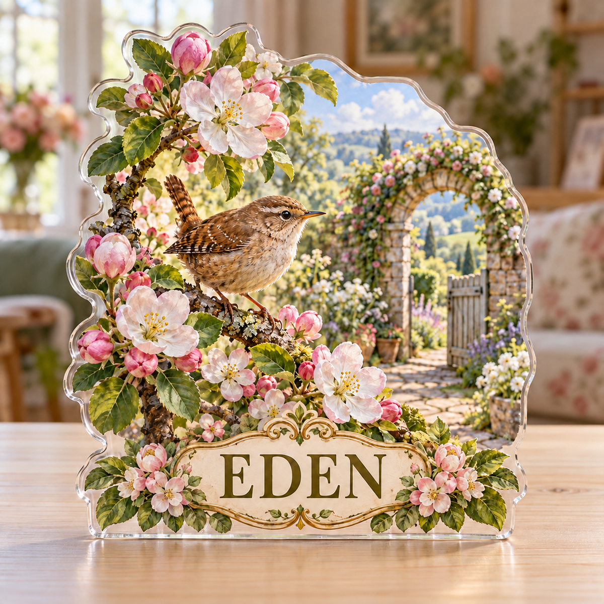 Front view of a wren apple blossom garden custom-shape acrylic plaque with example name EDEN, displayed in a softly blurred botanical cottage sitting room on pale wood table