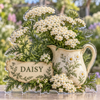Front view of personalized yarrow meadow botanical acrylic plaque with sample name DAISY, displayed in a softly blurred meadow garden room