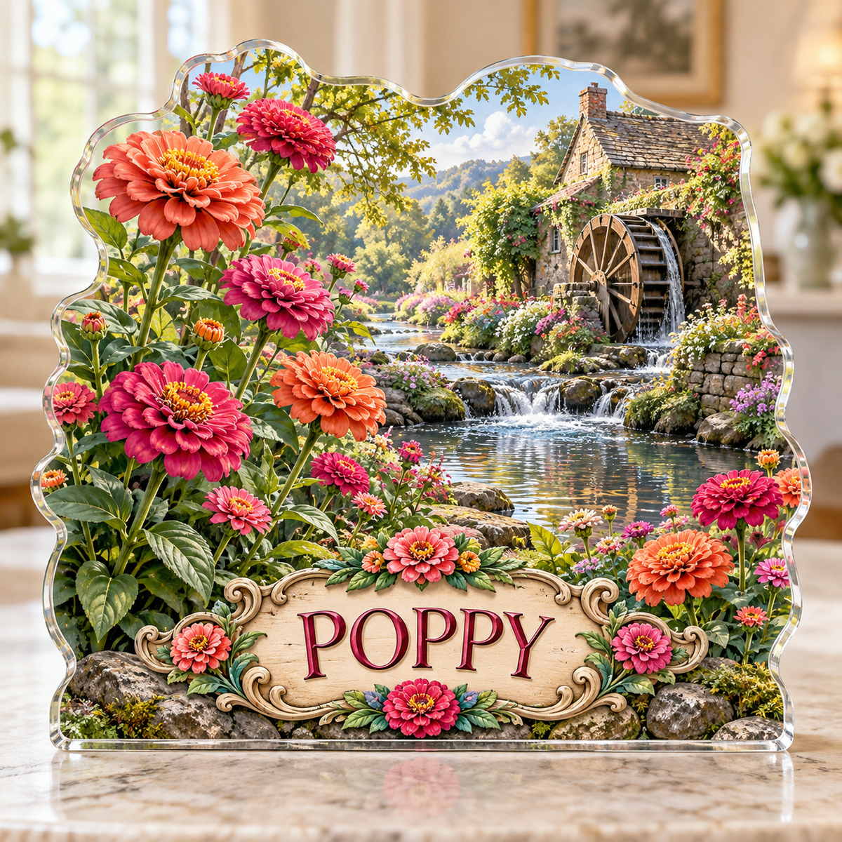 Front view of a zinnia garden waterwheel custom-shape acrylic plaque with example name POPPY, displayed in a softly blurred sunny cottage room on pale stone console