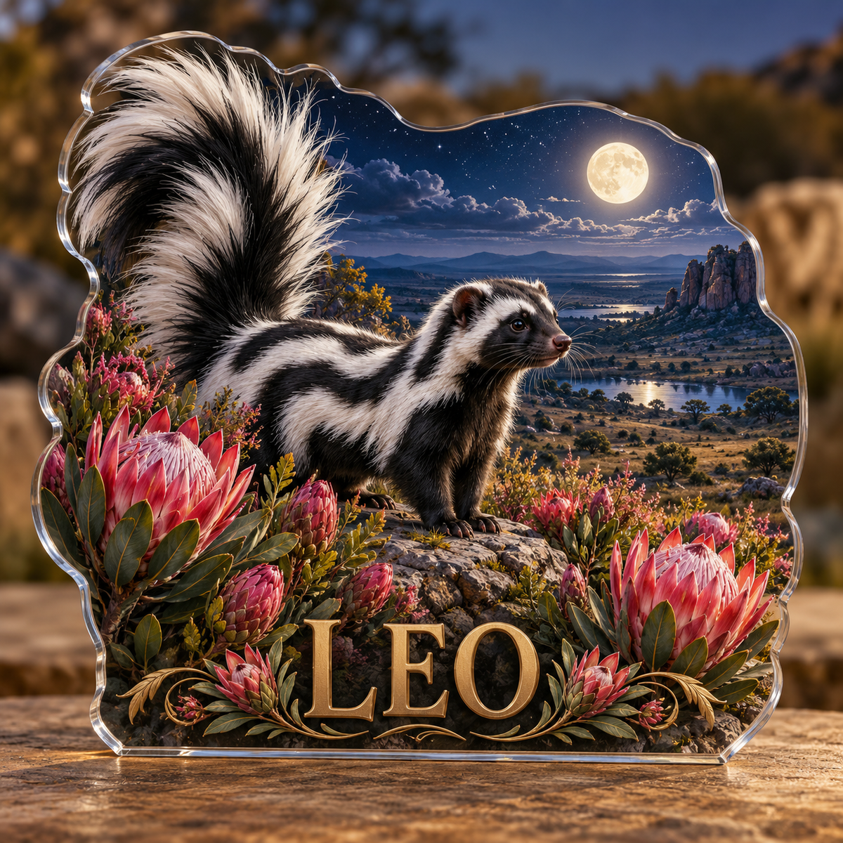 Front view of personalized zorilla protea savanna moon acrylic plaque with sample name LEO, displayed in a softly blurred wildlife study