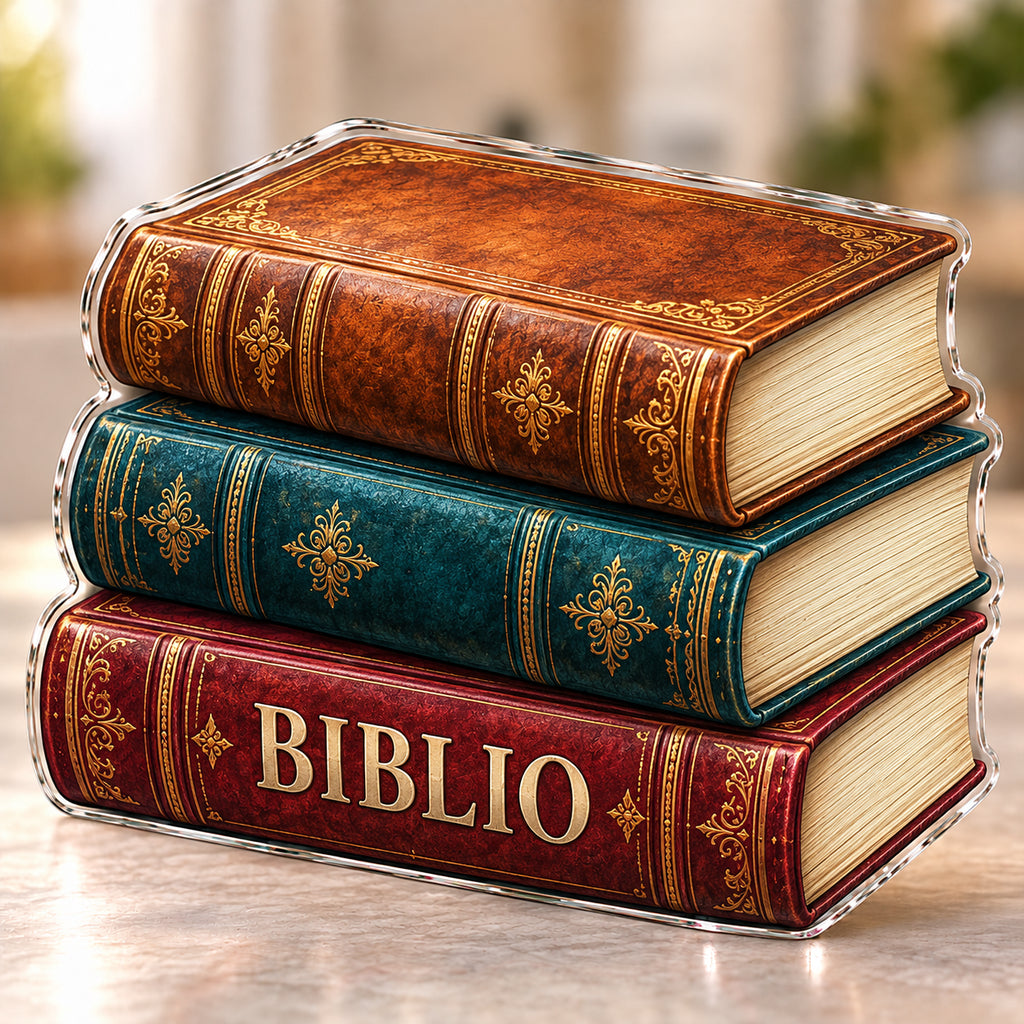 Front-view digital preview of a vintage book stack subject-shaped acrylic plaque with BIBLIO printed on its lowest intrinsic illustrated book spine