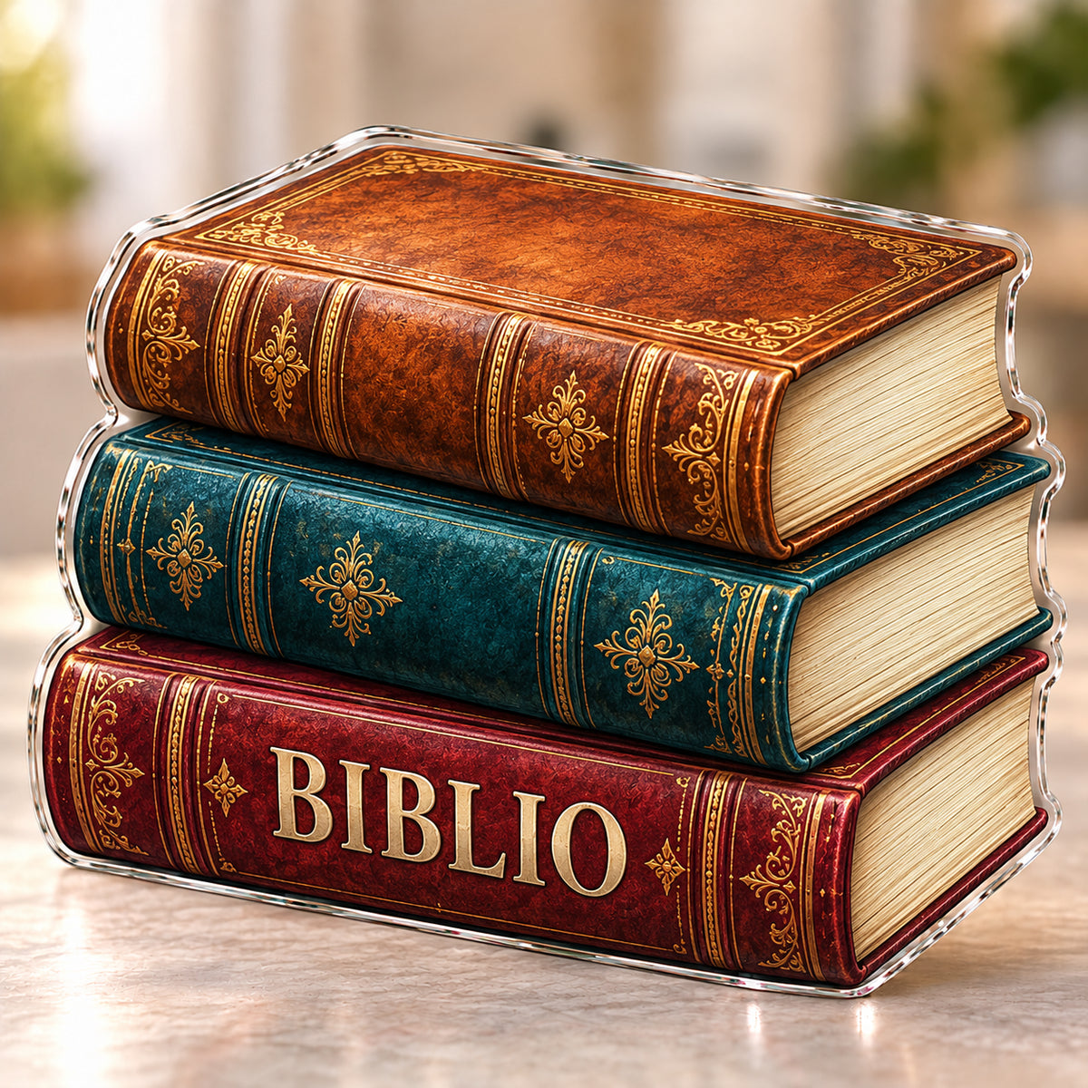 Front-view digital preview of a vintage book stack subject-shaped acrylic plaque with BIBLIO printed on its lowest intrinsic illustrated book spine