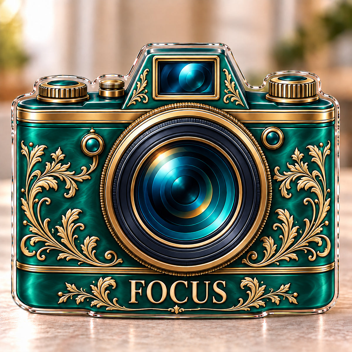 Front-view digital preview of a vintage teal camera subject-shaped acrylic plaque with FOCUS printed on its lowest intrinsic illustrated camera body
