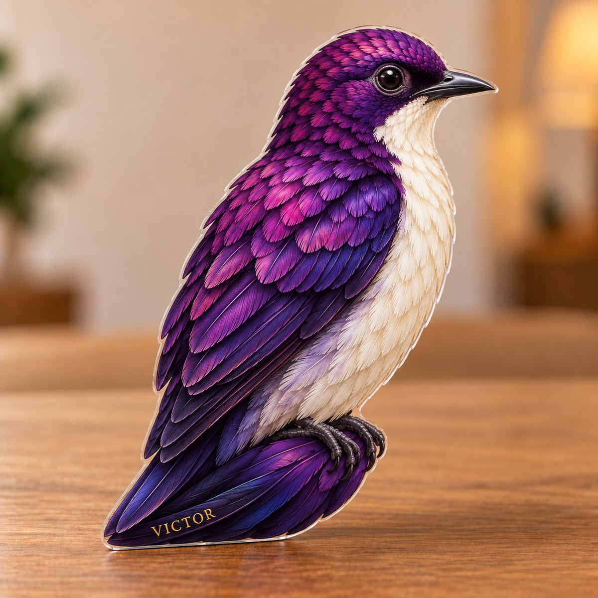 Digital preview of a violet-backed-starling-shaped acrylic plaque with VICTOR integrated along its lowest illustrated amethyst tail feather