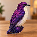 Digital preview of a violet-backed-starling-shaped acrylic plaque with VICTOR integrated along its lowest illustrated amethyst tail feather