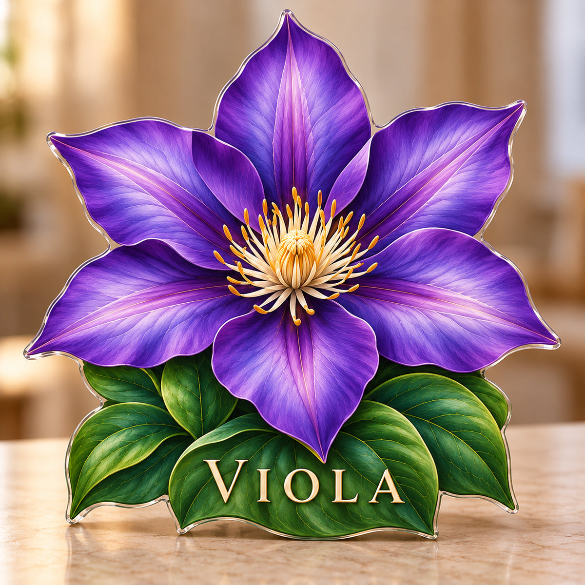 Digital preview of a violet clematis subject-shaped acrylic plaque with VIOLA printed on its lowest illustrated green leaf