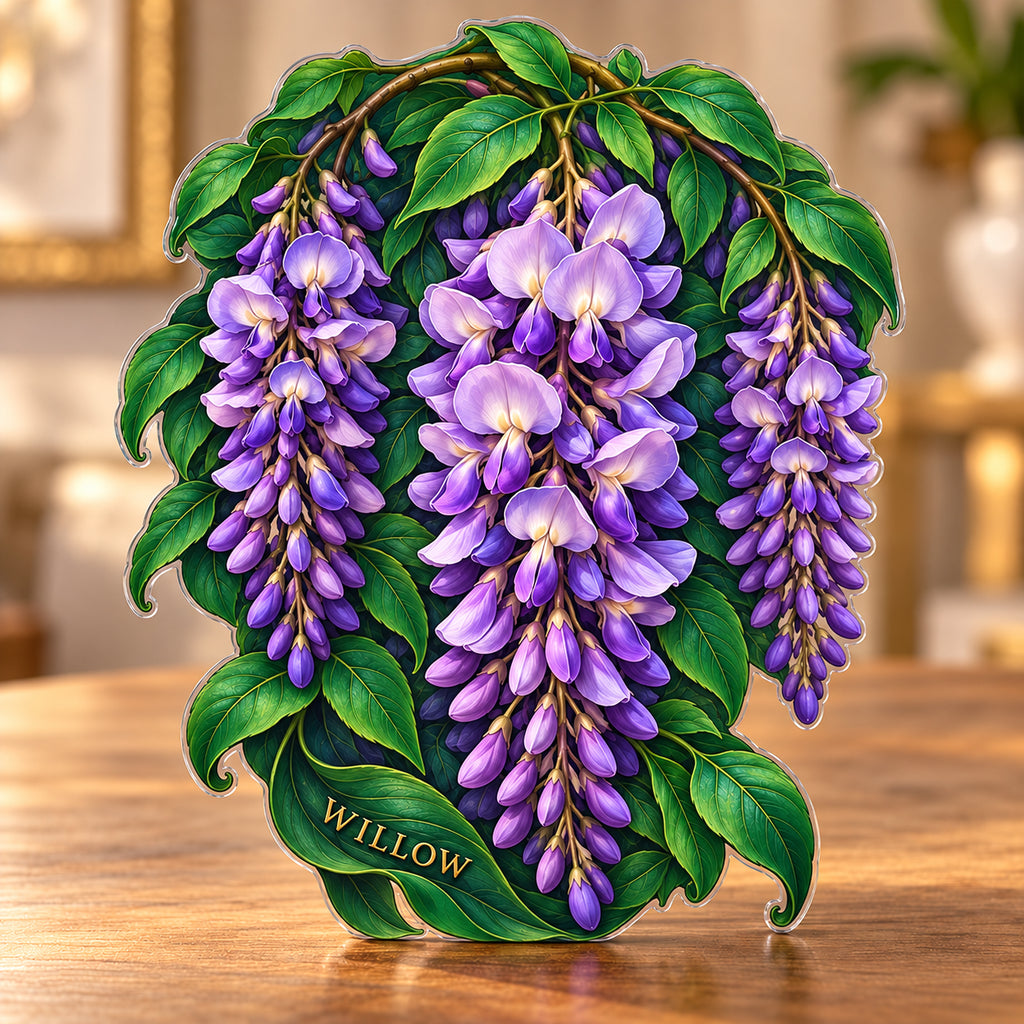 Digital preview of a wisteria-blossom-shaped acrylic plaque with WILLOW integrated along its lowest illustrated emerald leaf